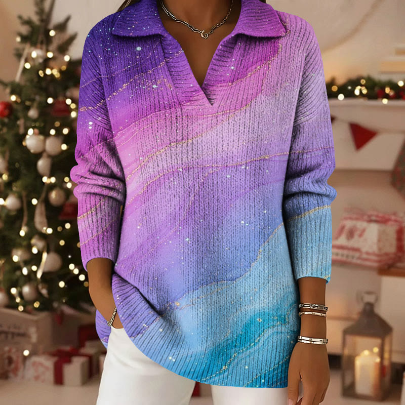 Gradient Marble Shimmering Pattern Polo Collar Long-Sleeved Sweater - Purple - 5XL - image 1