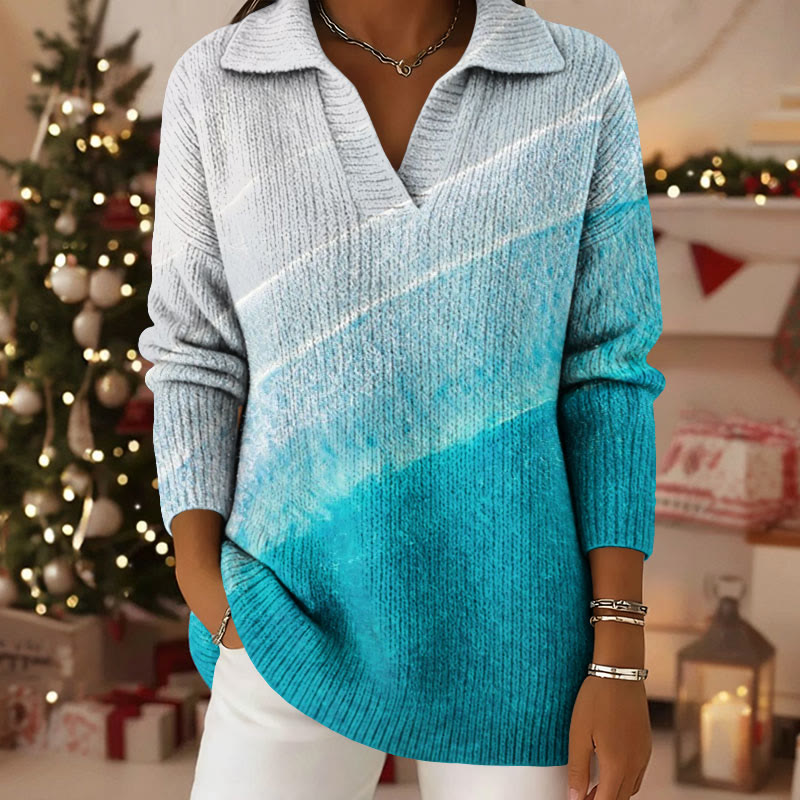 Gradient Water Ripple Pattern Polo Collar Long Sleeved Sweater - Blue - 5XL - image 1