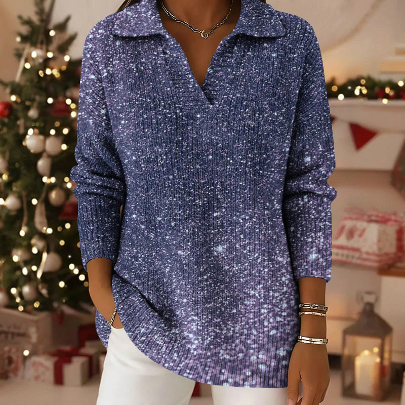Gradient Shimmer Pattern Polo Collar Long Sleeved Sweater - Purple - 5XL - image 1