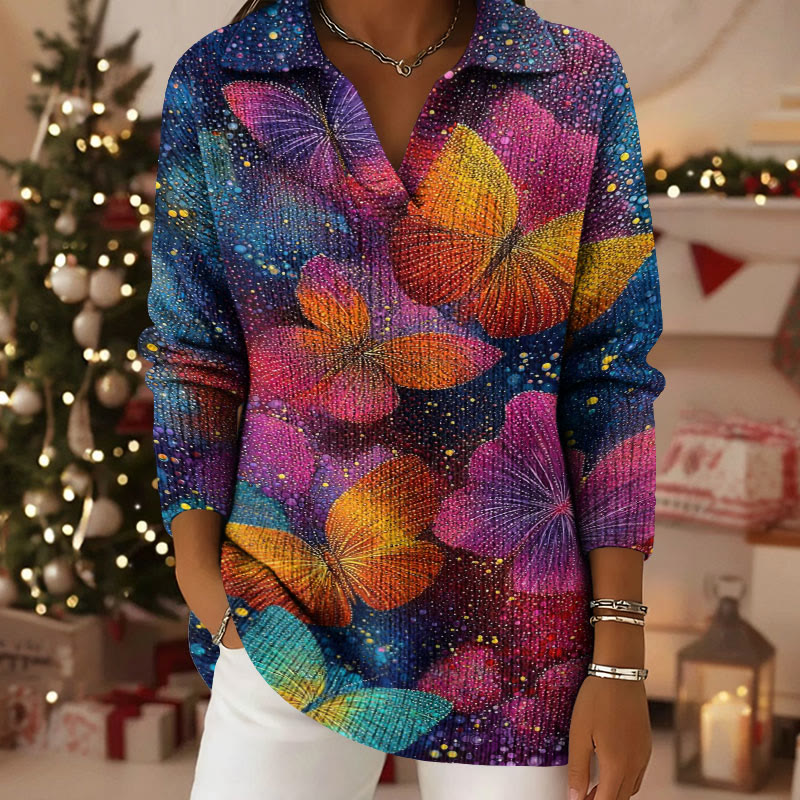 Colorful Butterfly Pattern Polo Collar Long-Sleeved Sweater - Dark Blue - 5XL - image 1