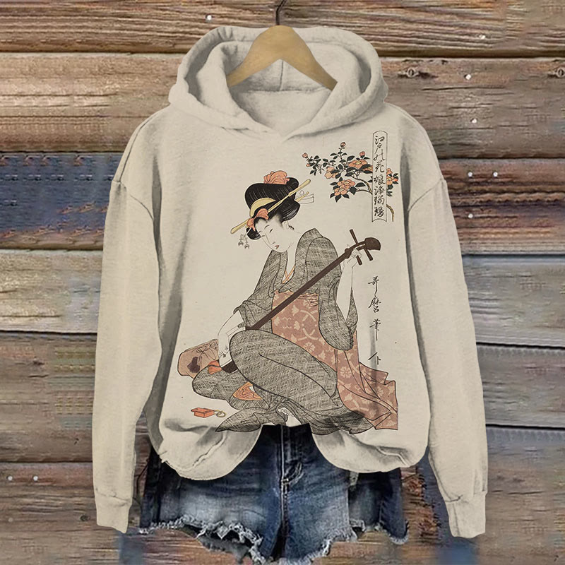 Japanese Ukiyo-e Print Of A Woman Playing A Shamisen Art Long Sleeve Hoodie - Khaki - 8XL - image 1