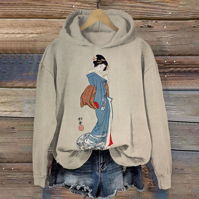Vintage Japanese Ukiyo-e Geisha Print Long Sleeve Hoodie - Khaki - 8XL - image 1