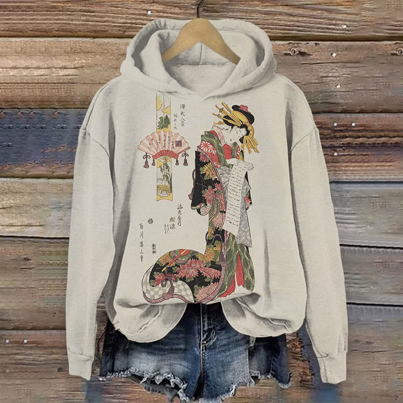 Japanese Geisha Reading Letter Print Long Sleeve Hoodie - Khaki - 8XL - image 1