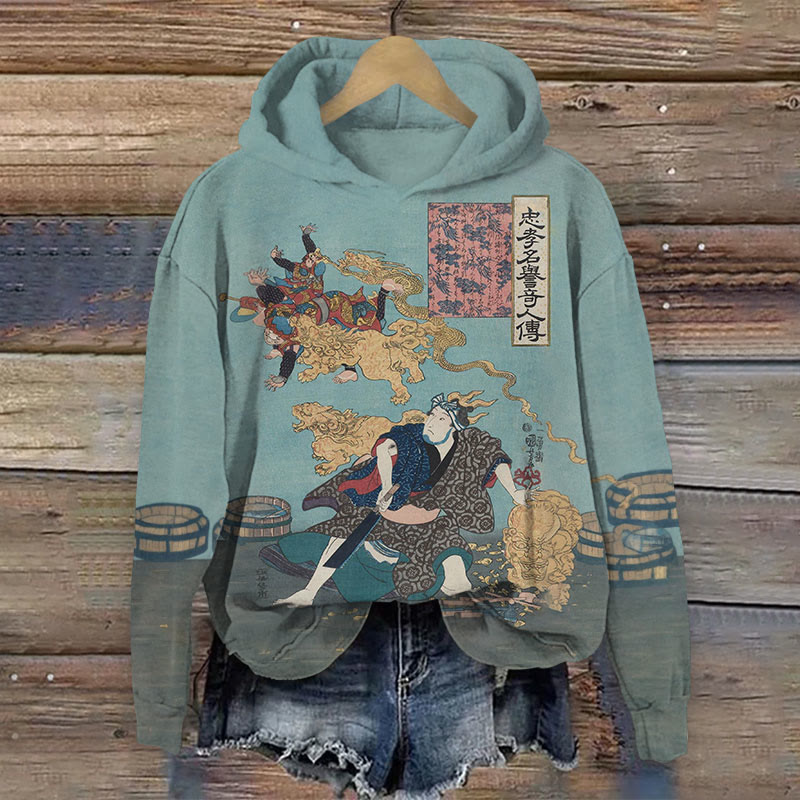Japanese Ukiyo-e Style Depictions Pattern Print Long Sleeve Hoodie - Blue - 8XL - image 1