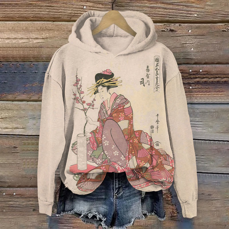 Japanese Flower Arrangement Lady Print Long Sleeve Hoodie - Light Pink - 8XL - image 1