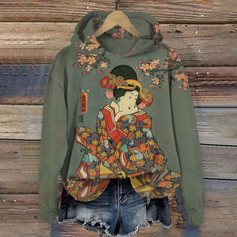 Japanese Vintage Kabuki Art Print Long Sleeve Hoodie - Olive Green - 8XL - image 1