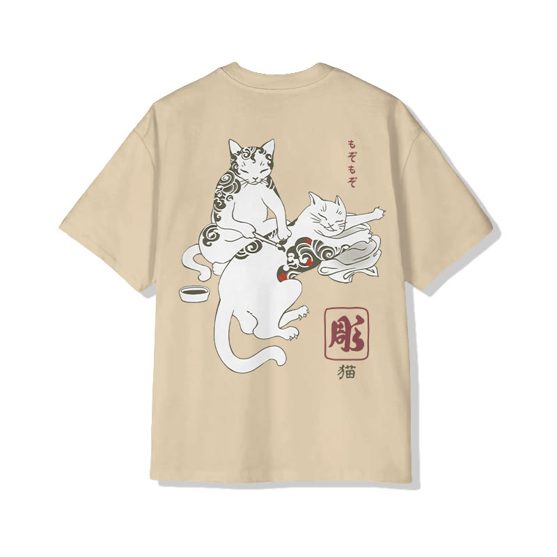 Unisex Fun Cat Tattoo Lounge Short Sleeved Crew Neck T-Shirt - Apricot - 2XL - image 3