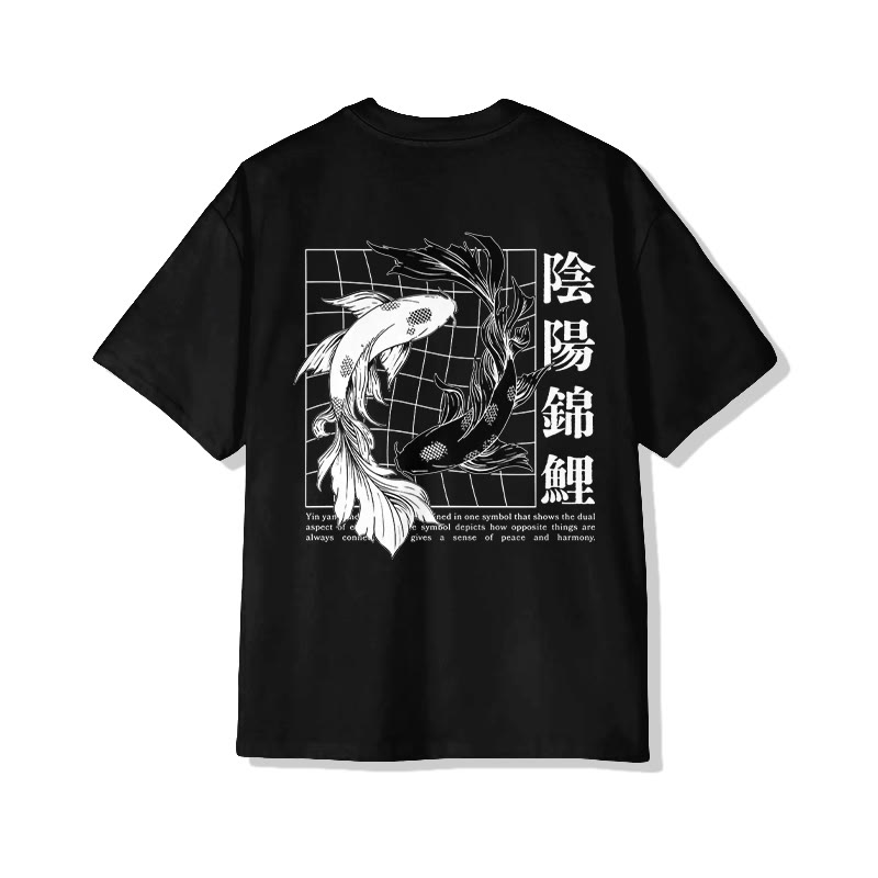 Unisex Ying Yang Koi  Print Short-Sleeve Crew Neck T-Shirt - Black - 2XL - image 1