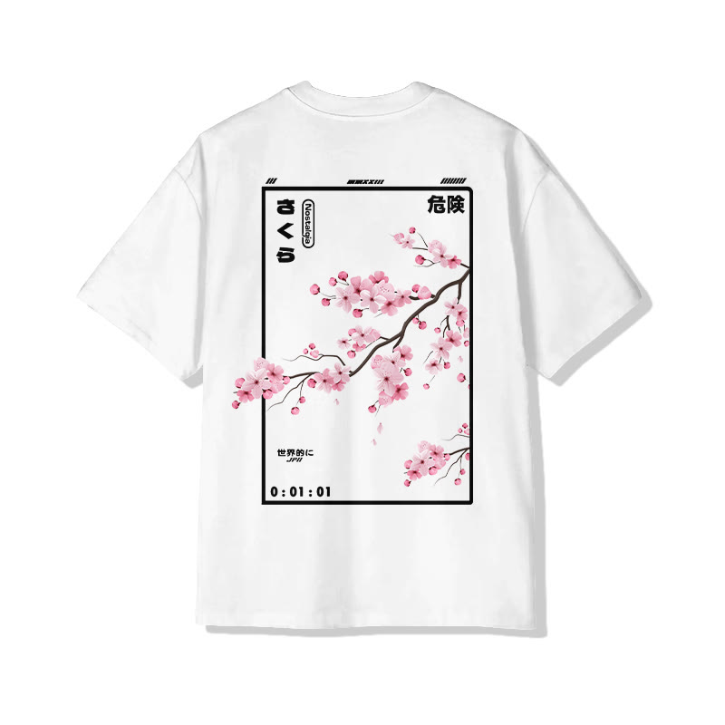 Unisex Cherry Blossom Print Short-Sleeve Crew Neck T-Shirt - White - 2XL - image 3