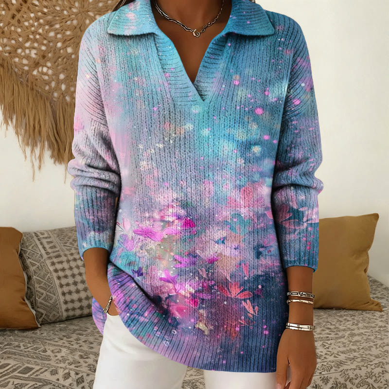 Gradient Floral Print Polo Collar Long-Sleeved Sweater - Blue - 5XL - image 1