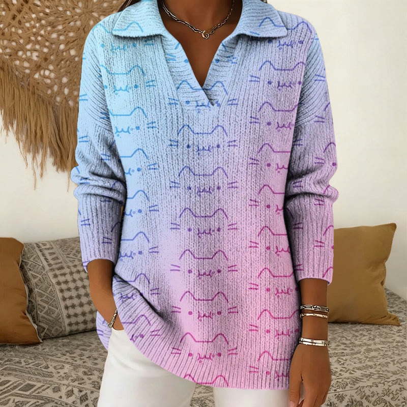 Gradient Cat Print Polo Collar Long Sleeved Sweater - Blue - 5XL - image 1