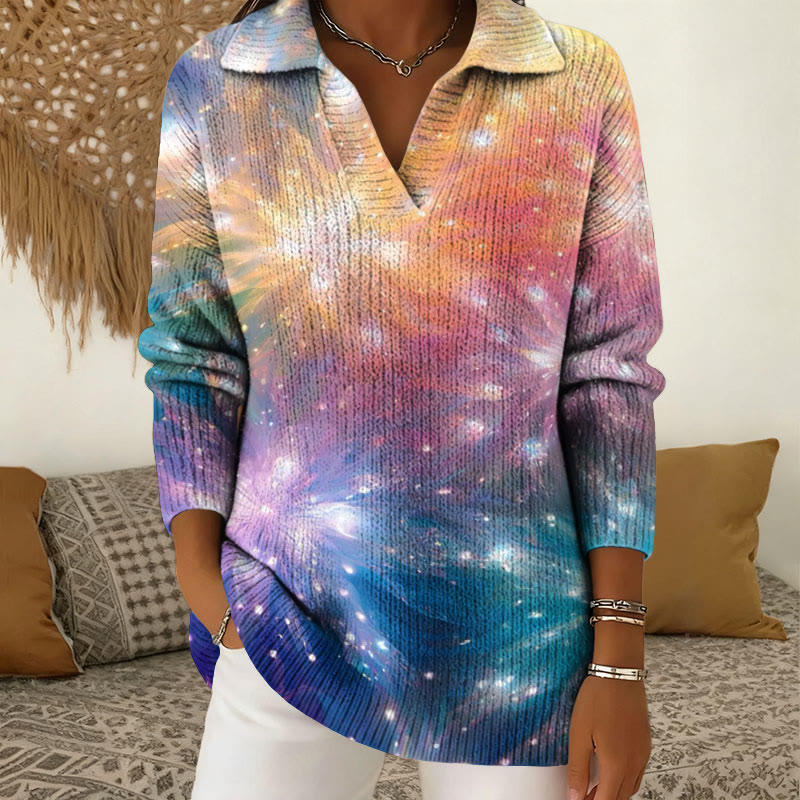 Colorful Firework Print  Polo Collar  Long Sleeved Sweater - Multicolor - 5XL - image 1