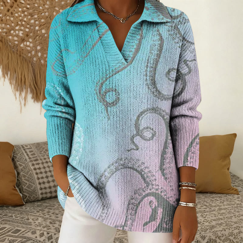 Gradient Octopus Tentacle Print  Polo Collar  Long Sleeved Sweater - Light Blue - 5XL - image 1
