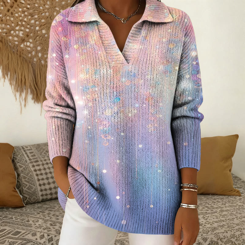 Gradient Print Polo Collar Long-Sleeved Sweater - Pink - 5XL - image 1