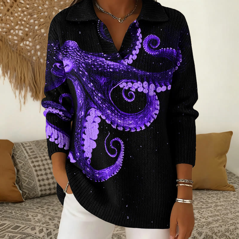 Three-Dimensional Creative Octopus Print  Polo Collar Long Sleeved Sweater - Purple - 5XL - image 2