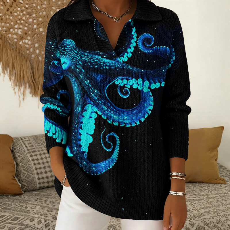 Three-Dimensional Creative Octopus Print  Polo Collar Long Sleeved Sweater - Blue - 5XL - image 1