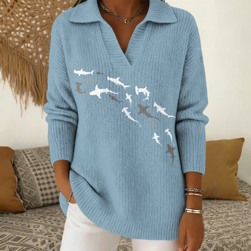 Shark Print  Polo Collar Long Sleeved Sweater - Light Blue - 5XL - image 1