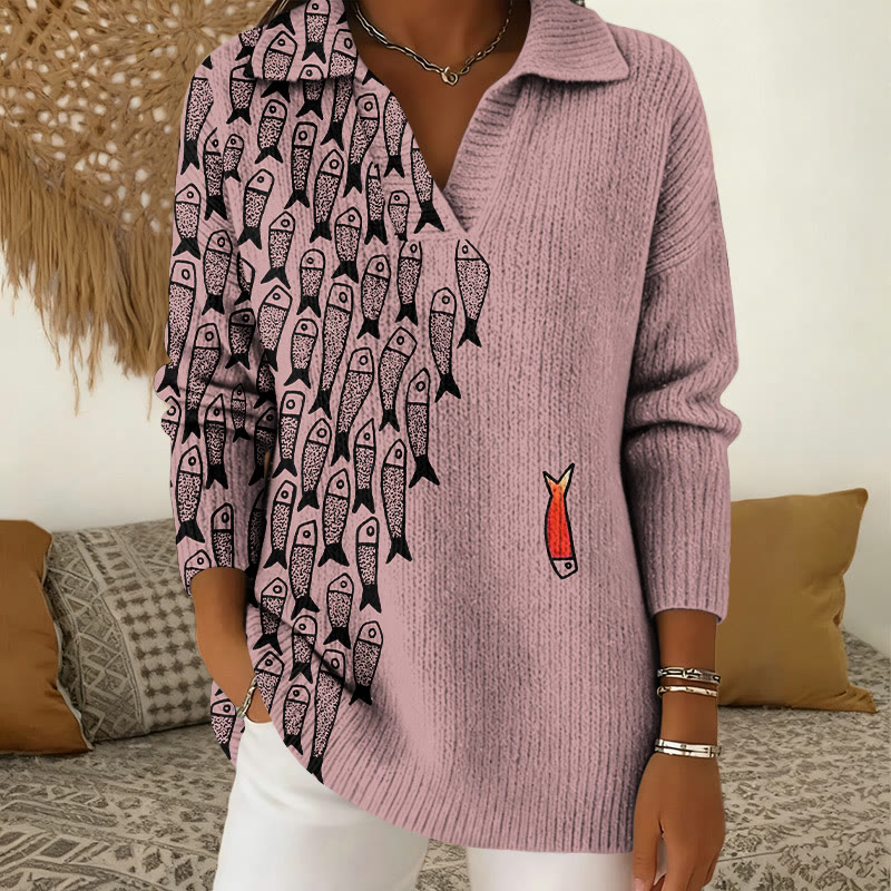 Cute Simple Lines Abstract Geometric Fish Art Print Polo Collar Long Sleeved Sweater - Pink - 5XL - image 3