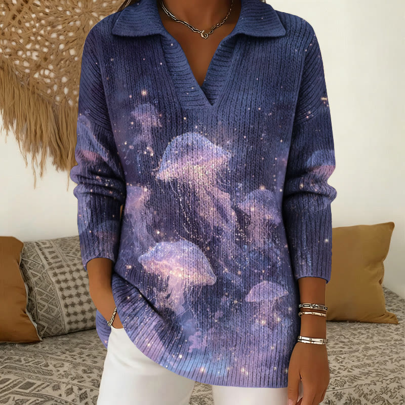 Glowing Jellyfish Art Print Polo Collar Long Sleeved Sweater - Purple - 5XL - image 1