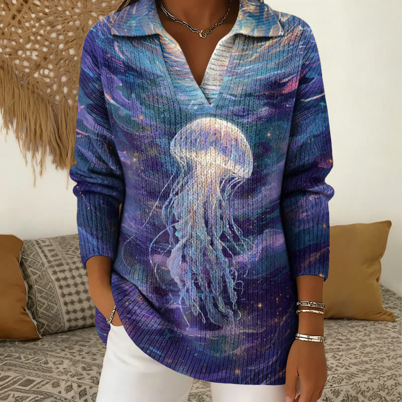 Gradient Jellyfish Art Print Polo Collar Long Sleeved Sweater - Dark Blue - 5XL - image 1