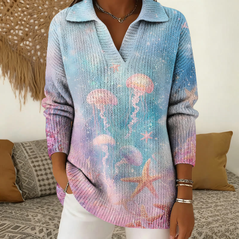 Ocean Gradient Jellyfish Print Polo Collar Long Sleeved Sweater - Light Blue - 5XL - image 1