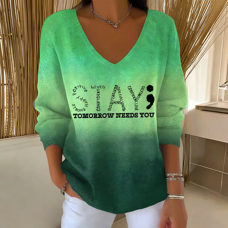 Women's Suicide Awareness Stay Tomorrow Needs You Print V-Neck Long Sleeve Sweater - Green - 5XL - image 2