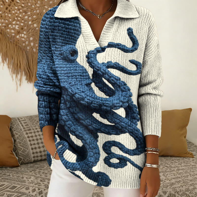 Japanese Art Octopus Chunky Knit Print Polo Collar Long Sleeved Sweater - Beige - 5XL - image 1