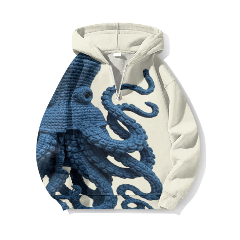 Japanese Art Octopus Chunky Knit Print Half Zip Hoodie - Beige - US32-34(5XL) - image 1