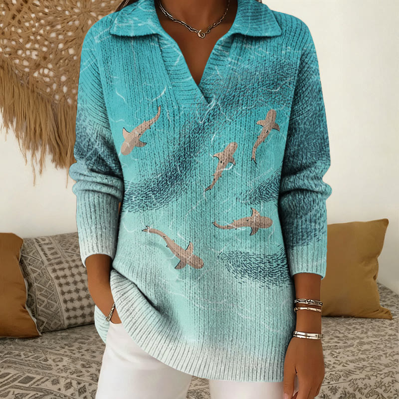 Ocean Retro Fish Pattern Polo Collar Long Sleeve Sweater - Green - 5XL - image 1