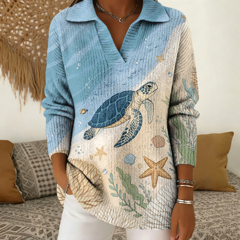 Ocean And Turtle Beach Print Polo Collar Long Sleeved Sweater - Blue - 5XL - image 1