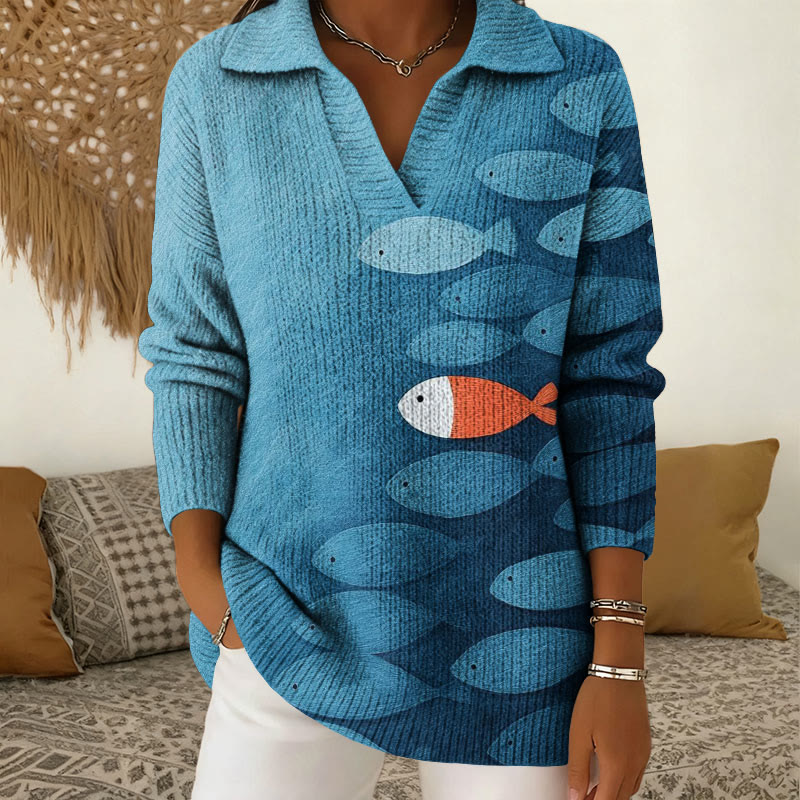 Retro Cute Fish Shaped Polo Collar Long Sleeved Sweater - Blue - 5XL - image 1