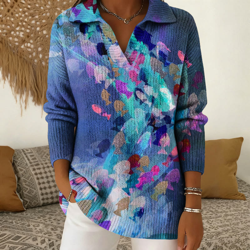 Gradient Retro Fish Pattern Polo Collar Long Sleeved Sweater - Purple - 5XL - image 1