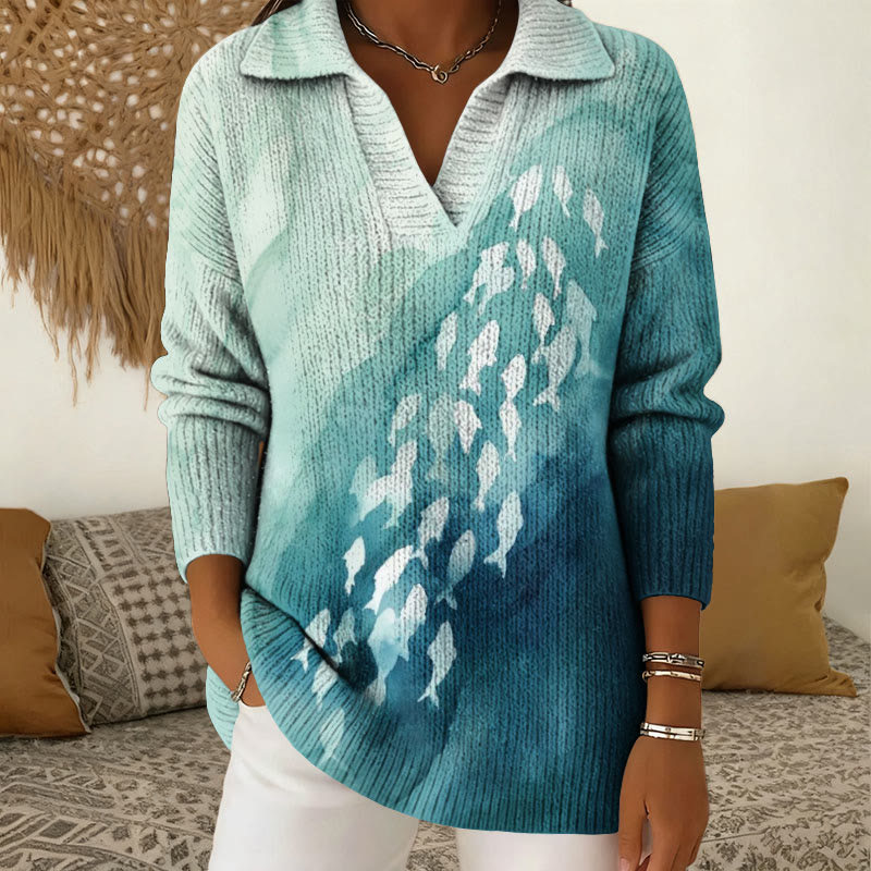 Ocean Gradient Fish Pattern Polo Collar Long Sleeved Sweater - Green - 5XL - image 1