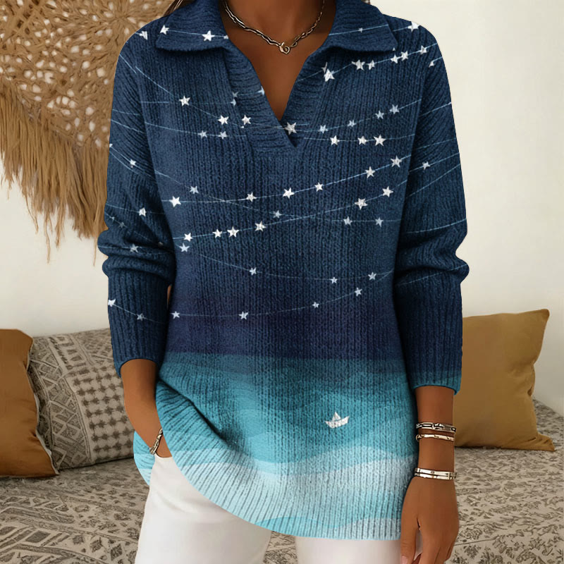 Gradient Ocean Starry Sky Pattern Polo Collar Long Sleeved Sweater - Dark Blue - 5XL - image 1