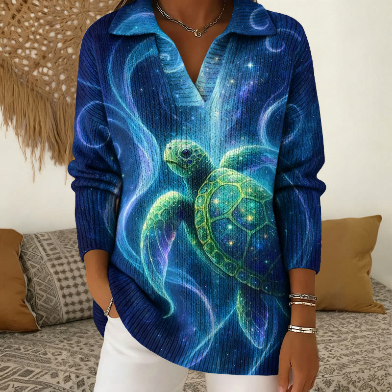 Gradient Glowing Turtle Pattern Polo Collar Long Sleeved Sweater - Dark Blue - 5XL - image 1