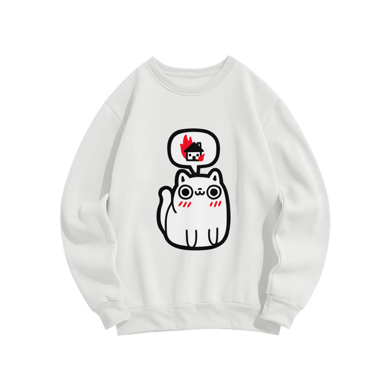 Unisex Cute Cat Print Long Sleeve Crew Neck Sweatshirt - White - US16-18(2XL) - image 2