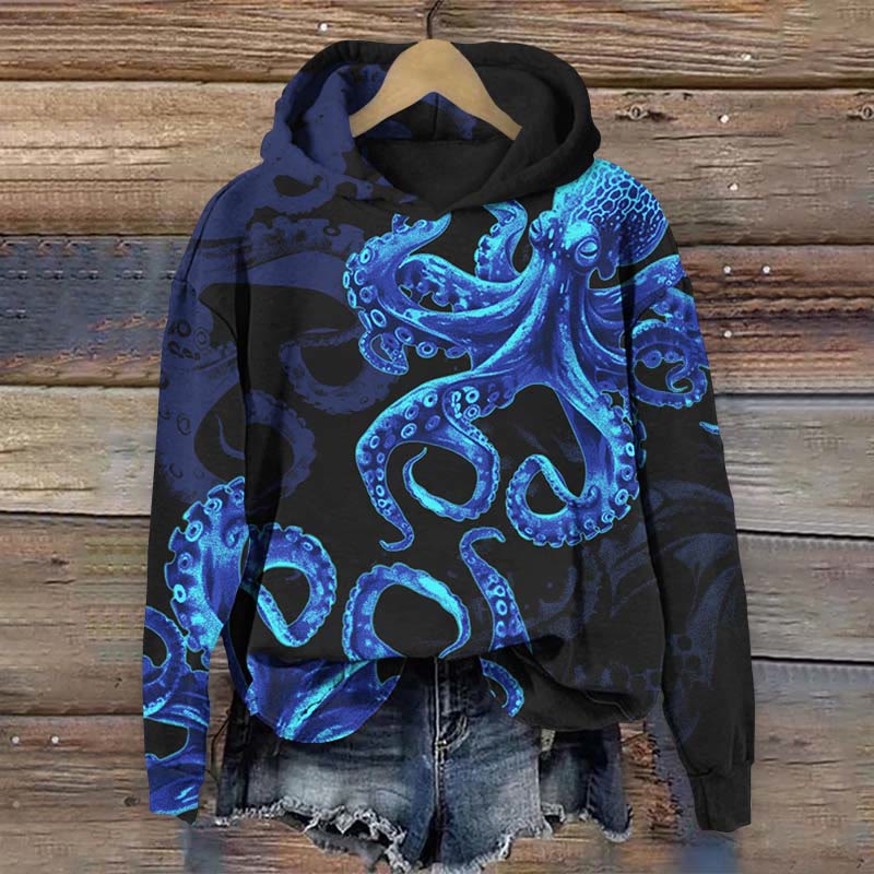 Vintage Fluorescent Blue Octopus Art Print Long Sleeve Hoodie - Black - US44-46(8XL) - image 1