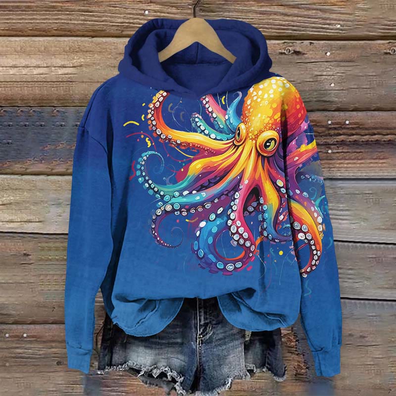 Creative Colorful Octopus Art Print Long Sleeve Hoodie - Blue - US44-46(8XL) - image 2