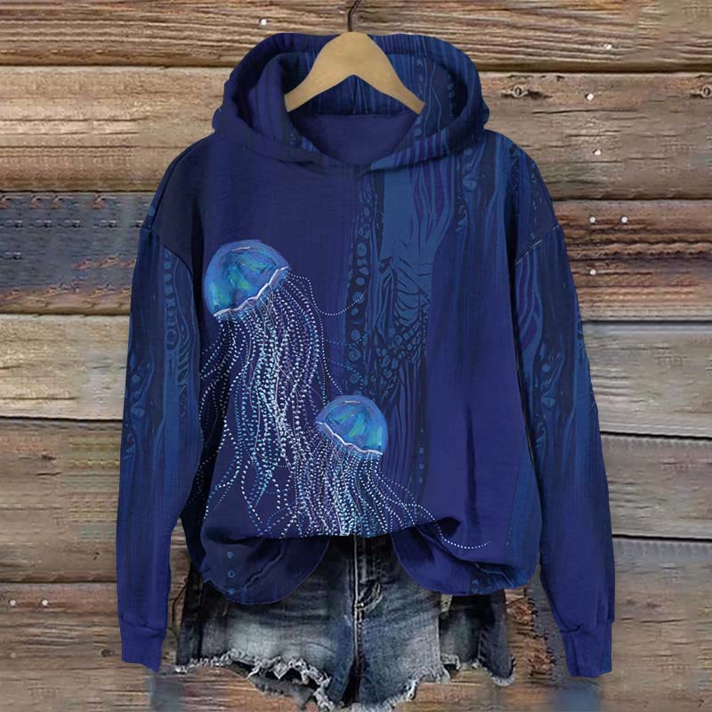 Retro Glowing Jellyfish Art Print Long Sleeve Hoodie - Blue - US44-46(8XL) - image 2