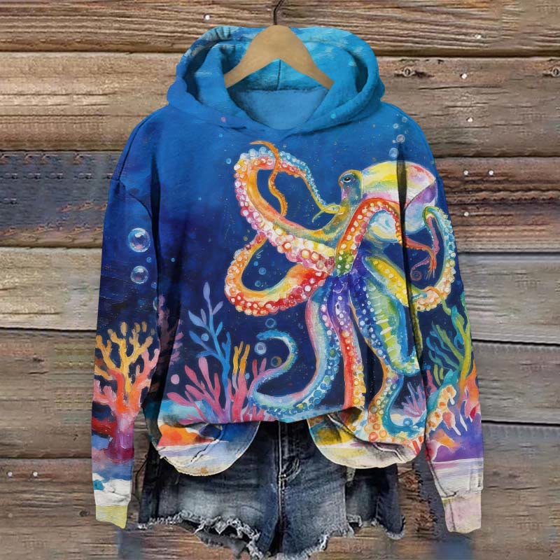 Oil Painting Colorful Vivid Octopus Art Print Long Sleeve Hoodie - Blue - US44-46(8XL) - image 1