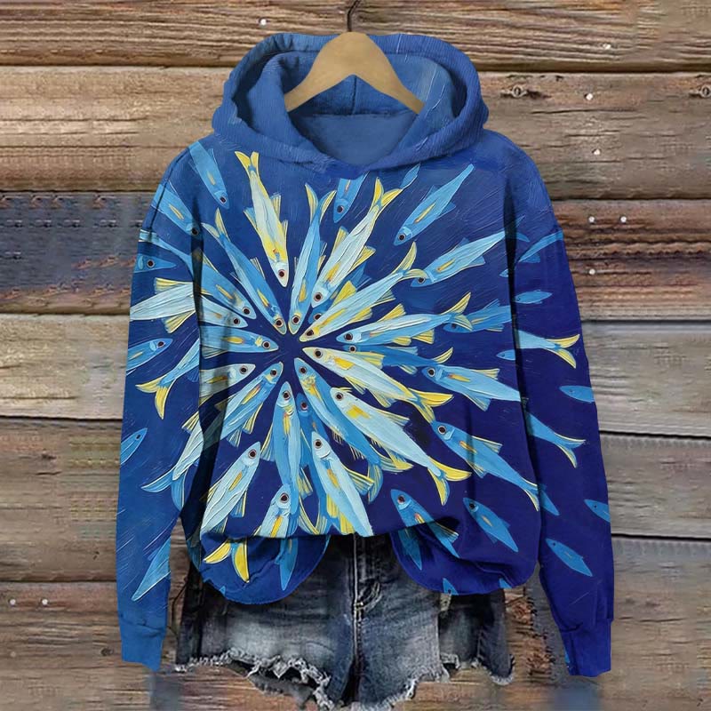 Funny Watercolor Sardines Art Print Long Sleeve Hoodie - Blue - US44-46(8XL) - image 1