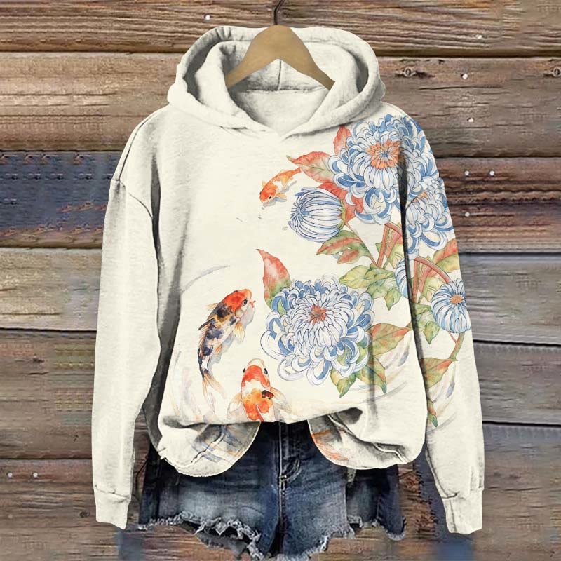 Koi And Chrysanthemum Art Print Long Sleeve Hoodie - Beige - US44-46(8XL) - image 1