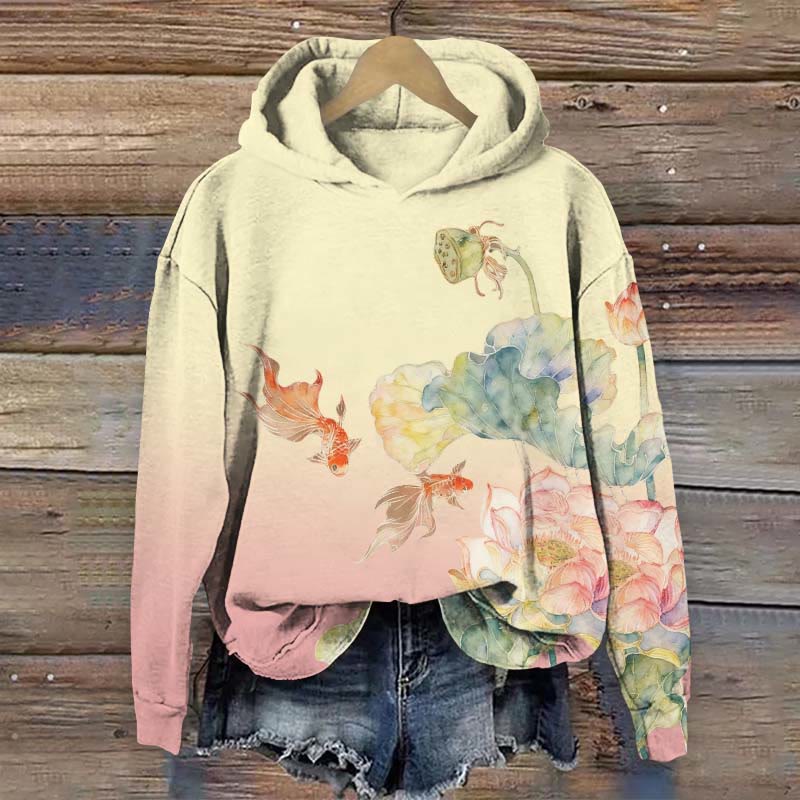  Goldfish And Lotus Art Painting Print Long Sleeve Hoodie - Yellow - US44-46(8XL) - image 2