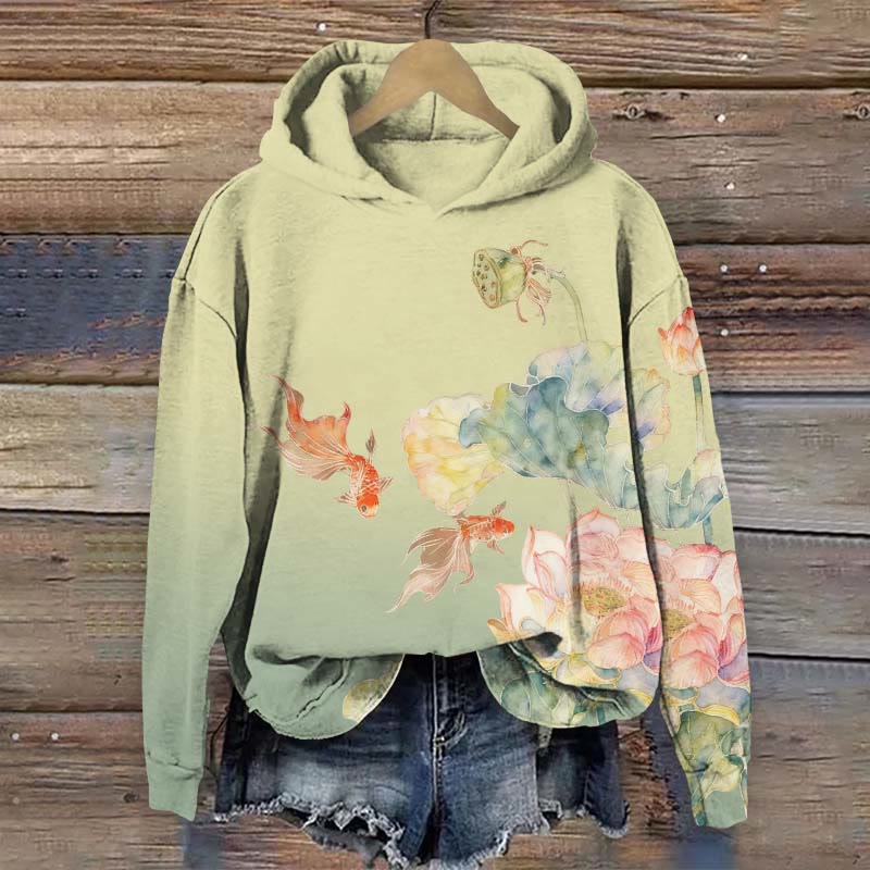  Goldfish And Lotus Art Painting Print Long Sleeve Hoodie - Green - US44-46(8XL) - image 1