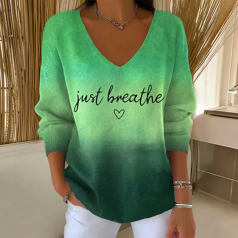  Just Breathe Print V-Neck Long Sleeve Sweater - Green - 5XL - image 2