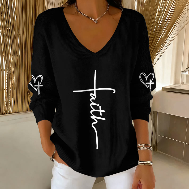 Women's Faith Print V-Neck Long Sleeve Sweater - Black - 5XL - image 3