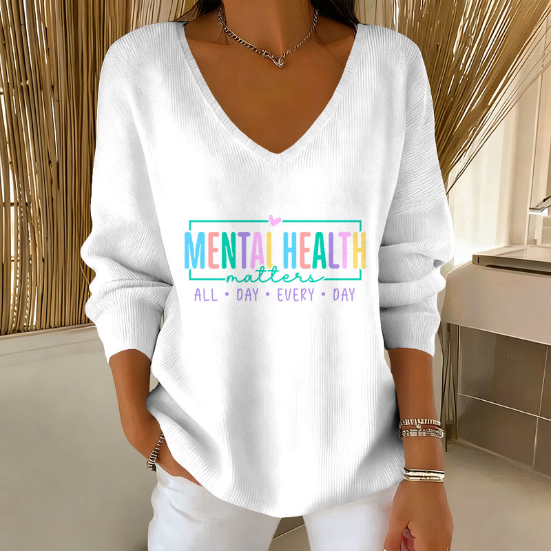 Mental Health  Print V-Neck Long Sleeve Sweater - White - 5XL - image 1