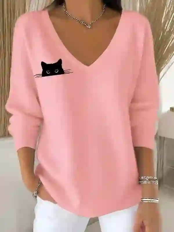 Cat print V-neck long sleeved sweater - Pink - 5XL - image 2