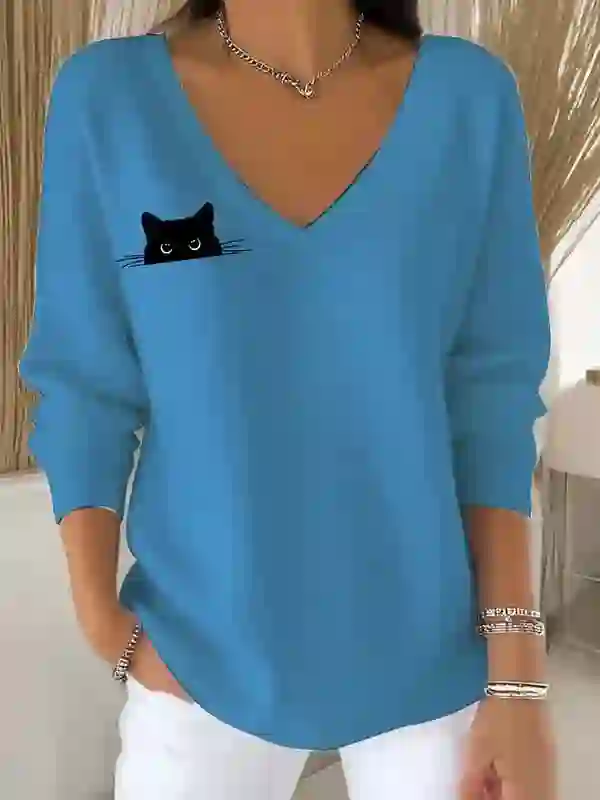 Cat print V-neck long sleeved sweater - Blue - 5XL - image 4