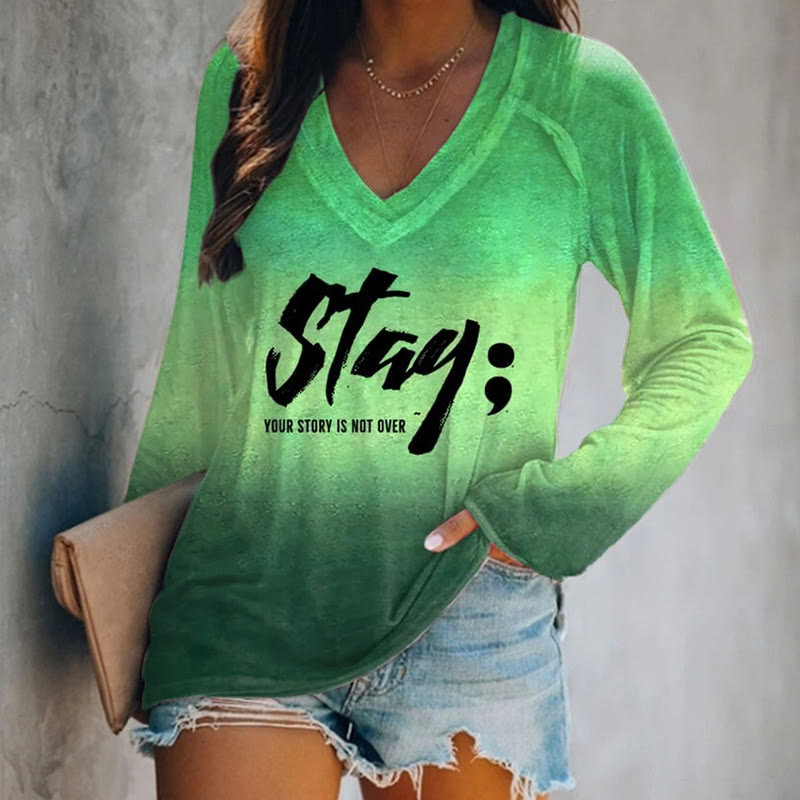 Women's Stay Your Story Is Not Over Mental Health Print Long Sleeve T-shirt - Green - 5XL - image 2